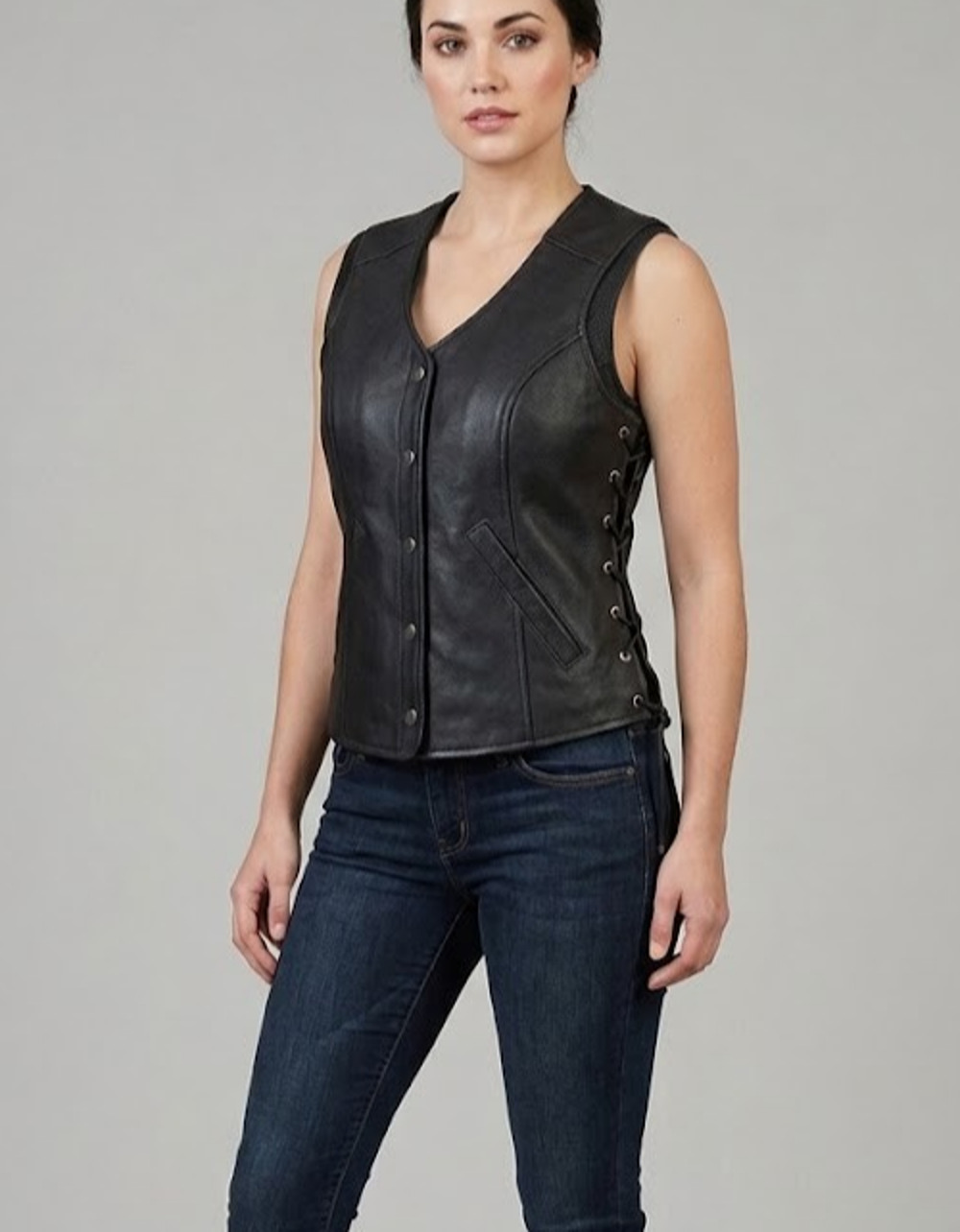 Black Genuine Leather Motorcycle Vest Womens Orange Lining Side Lace Biker L